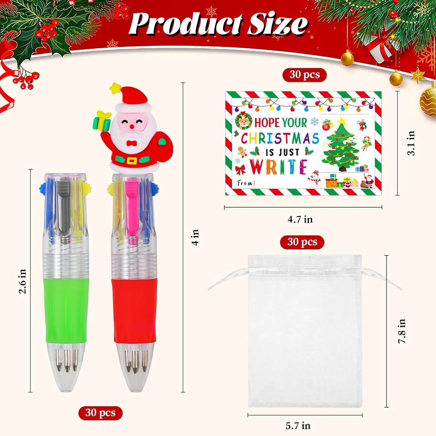 30 Set Cute Multicolor Pens in One 4-in-1 Fun Pens Bulk with 30 Gift Cards for Kindergarten Party Christmas Student Gift Bulk Office School Exchange Gifts