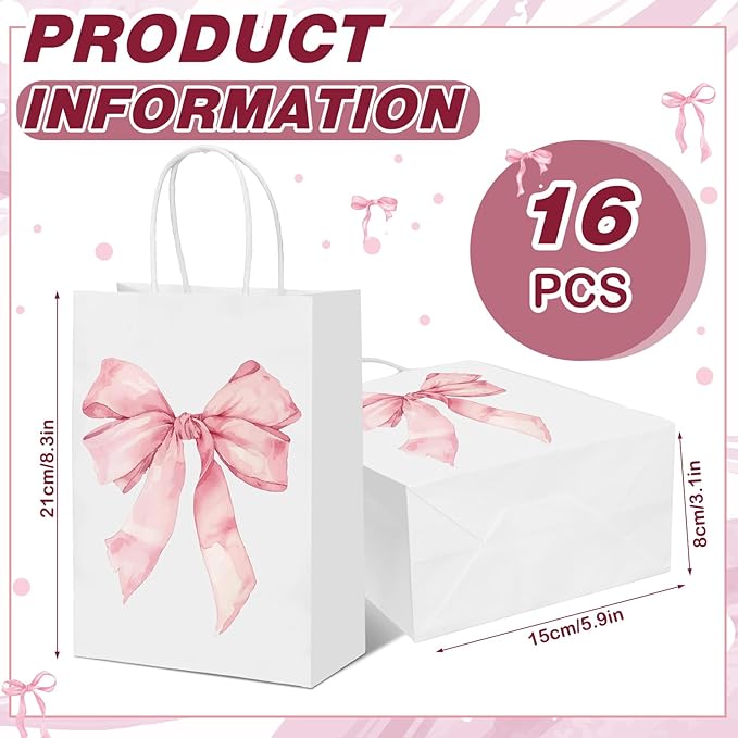 Kolldenn 16 Pcs Coquette Pink Bow Paper Gift Bags Women Mother's Day Birthday Favor Goodie Candy Bags with Handles for Bridal Engagement Baby Shower Party Supplies
