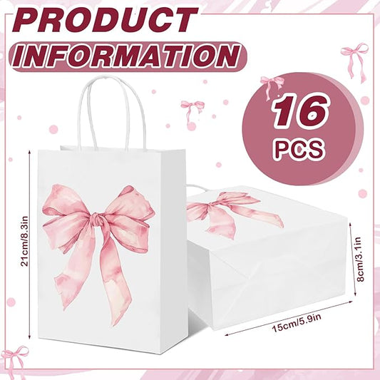 Kolldenn 16 Pcs Coquette Pink Bow Paper Gift Bags Women Mother's Day Birthday Favor Goodie Candy Bags with Handles for Bridal Engagement Baby Shower Party Supplies