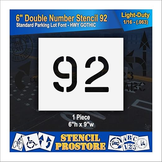 Pavement, Curb, and WheelStop Stencils - 6 inch Double Number Stencil - (92) - 6" x 9" x 1/16" (63 mil) - Light-Duty