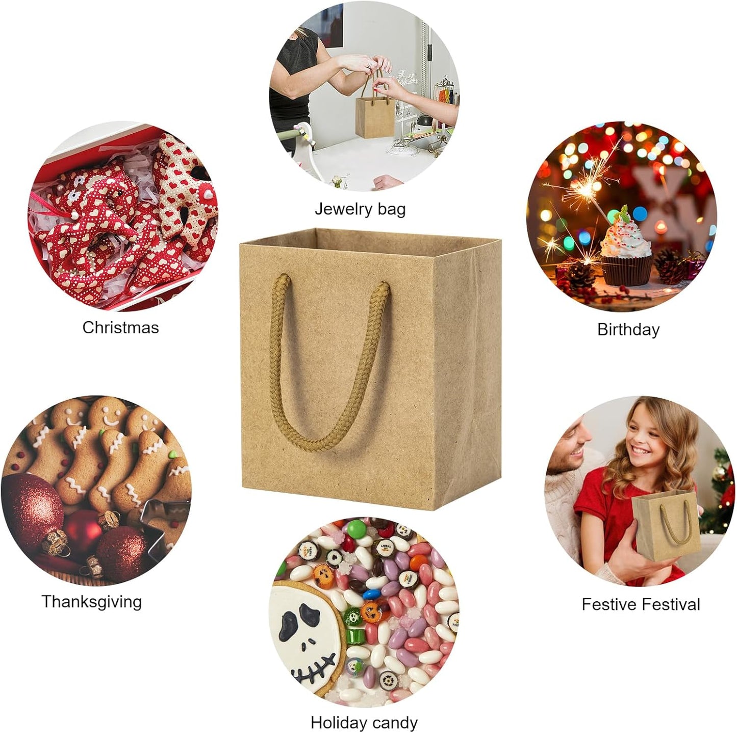 driew Small Brown Gift Bags 50 Pcs, 4" x 2.8" x 4.5" Min Thick Kraft Paper Bags Bulk with Brown Handles Set for Wedding Party Birthday Gathering Baby Shower
