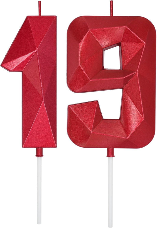 DERVENTA Birthday Candles Big Numbers 3D Red 3.7 inch Party Cake Topper 1 Piece (Number 19 Red)
