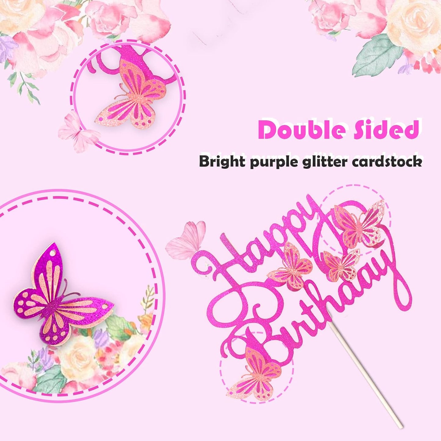 13-Piece Butterfly Cake Toppers - 3D Cupcake Toppers for Girls & Women's Birthdays (Bright Purple)