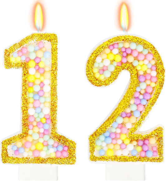 12th Birthday Candle for Cake, Colorful Macaron Numeral Candles for Boys/Girls, Birthday Party Cake Decorations, Golden Cake Topper for Birthday Party Supplies (Number 12)