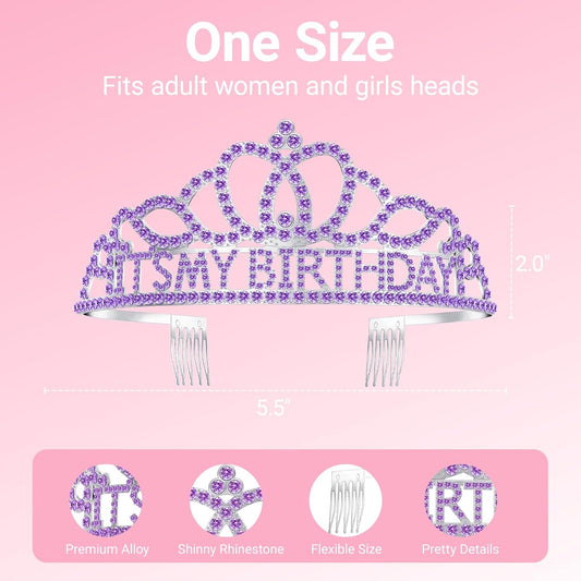 Birthday Tiara and Crown with Sash, Birthday Tiara for Women Party Purple