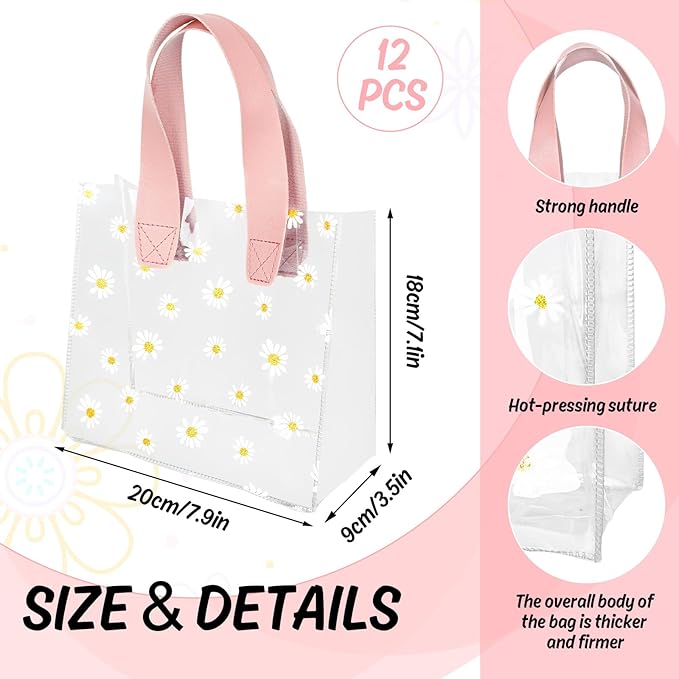 Whaline 12Pcs Daisy Clear PVC Gift Bags with Pink Handle Cute Flower Reusable Transparent Treat Bags for Mother's Day Baby Shower Wedding Birthday Bridesmaid Party Favor