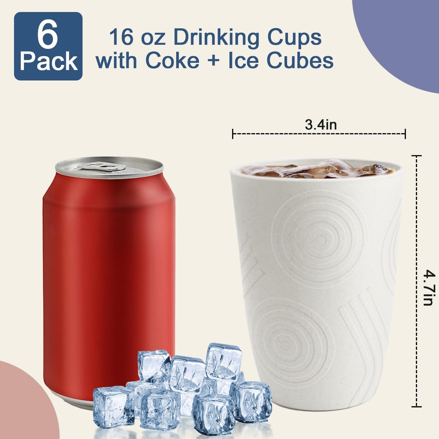 Wheat Straw Cups 16 OZ - Unbreakable Drinking Cup Set of 6 Plastic Cups Reusable Lightweight Glasses Drinking Cup Microwave & Dishwasher Safe Water Glasses Tumbler - White