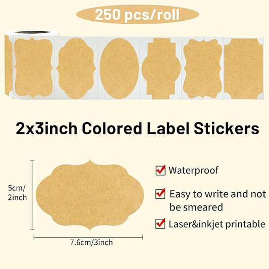 Yeachlaing Kraft Labels Stickers, 250 PCS 3" x 2" Fancy Shape Stickers Labels for Storage Box or Food Jars Holiday Present Stickers Christmas Gift Tags Stickers