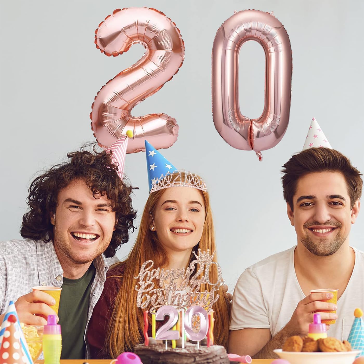 20th Birthday Decorations for Women, Birthday Sash and Crown, Cake Topper and Candles,Number Balloons, 20th Birthday Gifts for Women, 10pcs