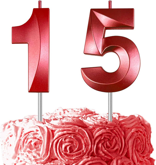 Red Number 15 Candles, 3D Diamond 2.76 Inch Cake Topper Birthday Candles for Wedding Anniversary Cake Decorations, Happy Birthday Party Decorations