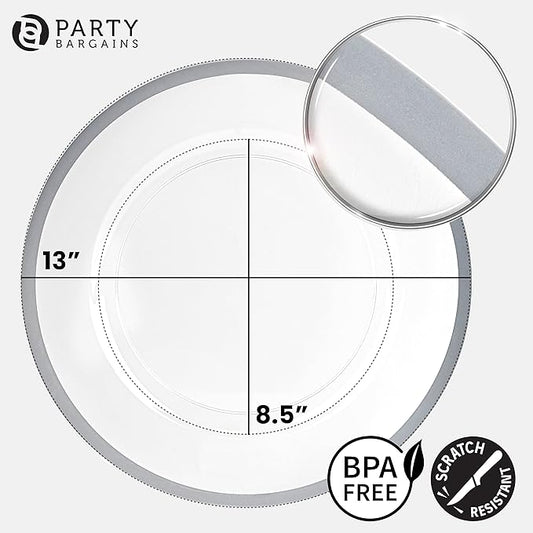PARTY BARGAINS 13-Inch Charger Plates - 96 Pack, Clear Silver Rim, Heavy-Duty Disposable Chargers for Elegant Dining - Ideal for Weddings and Formal Events