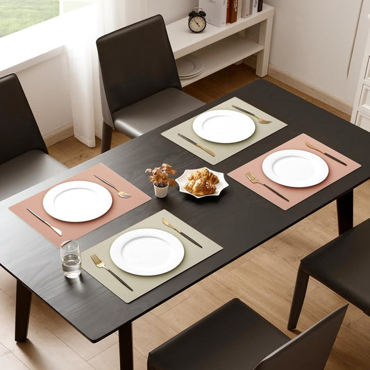 MOSAYT Vinyl Placemats Set of 6, Heat Resistant Place Mats 100% Waterproof Washable & Wipeable Faux Leather Reversible Table Mats for Kitchen Dining Party Indoor Outdoor, 12" x 17", Beige/Pink