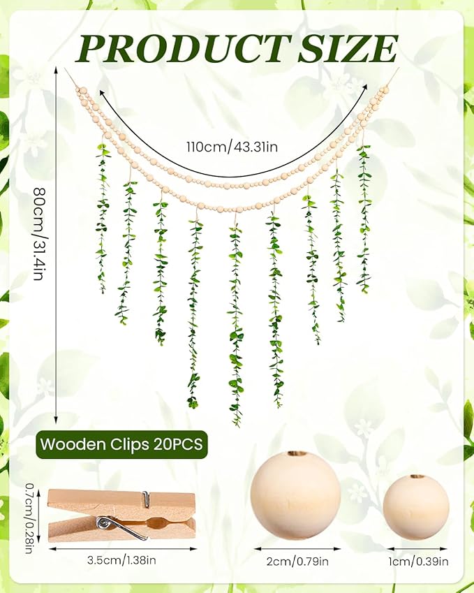 Boho Wall Decor with Photo Hanging Clips, Wooden Beads Garland with Greenery Eucalyptus Decor, Aesthetic Room Essentials for Bedroom, Office Cubicle, Home Wall Decoration