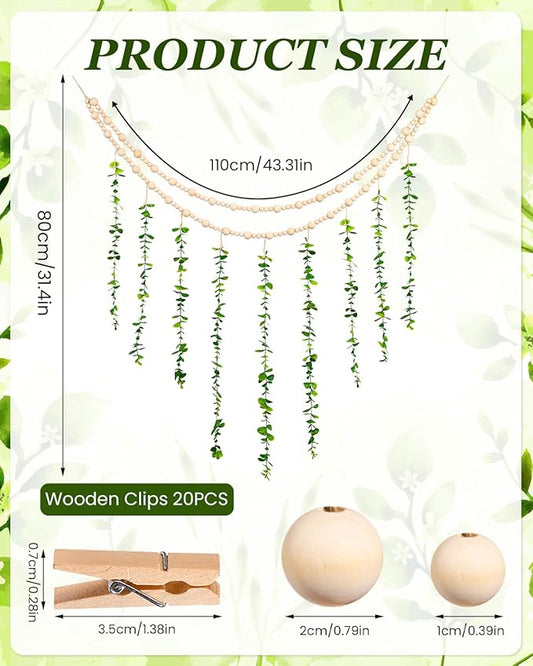 Boho Wall Decor with Photo Hanging Clips, Wooden Beads Garland with Greenery Eucalyptus Decor, Aesthetic Room Essentials for Bedroom, Office Cubicle, Home Wall Decoration