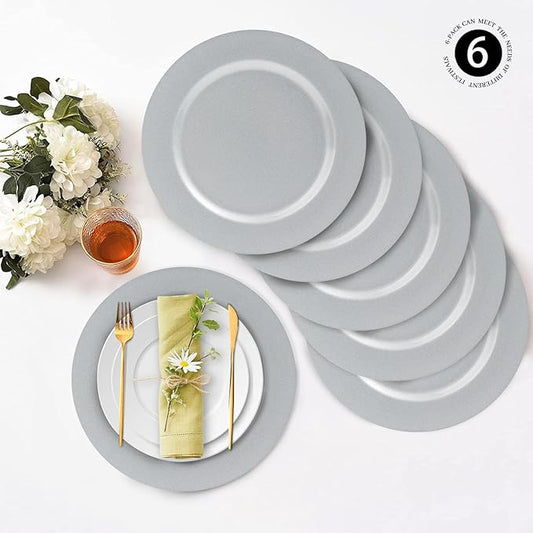 MAONAME Silver Charger Plates Set of 6, 13-Inch Round Plate Chargers for Dinner Plate, Plastic Table Chargers for Wedding Decor, Party