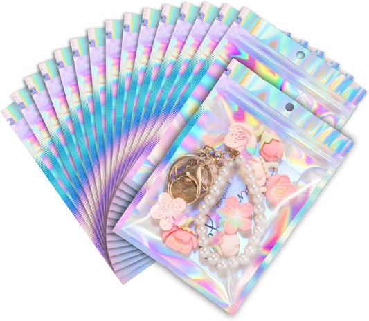 ANZNKU 100 Pack Mylar Bags Reasealable Holographic Bags, Smell Proof Bag Zipper Pouches with Clear Window, Jewelry Candy Sealable Bag for Packaging Sample Party Favor (2.4 x 3.9 Inch)