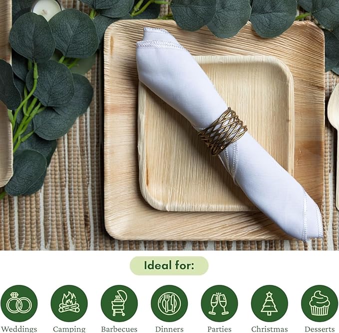 Dtocs Palm Leaf Plates Disposable 7" Square (50) | Compostable Dinnerware for Serving Desserts, Appetizer, Salad, Mini Charcuterie Boards for Camping, Wedding, Birthday | Sturdy than Paper Plates