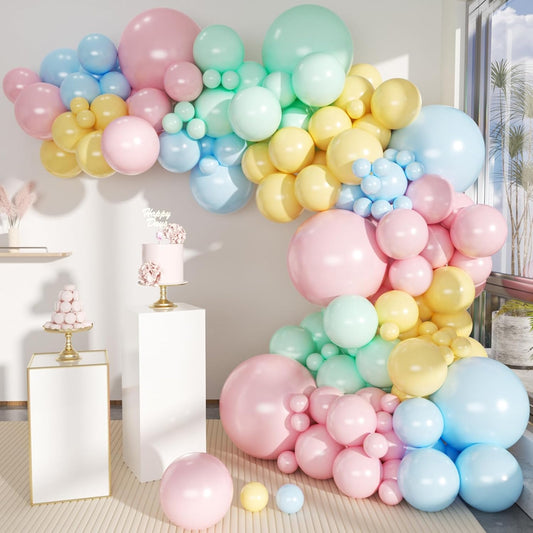 Pastel Balloon Garland Arch Kit, 146Pcs Macaron Pink Blue Green Yellow Latex Balloons Different Sizes 18 12 10 5 Inch for Gender Reveal Baby Shower Wedding Birthday Party Decoration