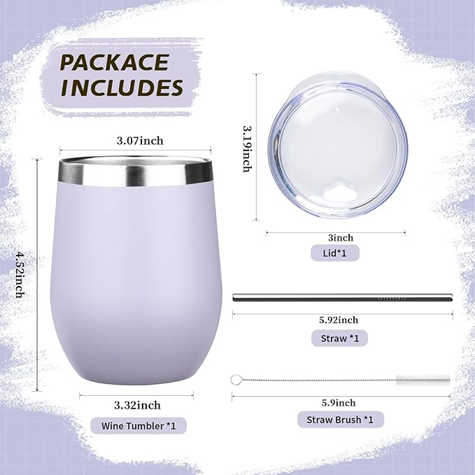12oz Stemless Wine Tumbler with Lid Double Wall Insulated Wine Cup Stainless Steel Glasses Tumbler with Straw Insulated cocktail Tumbler Coffee Mug for Hot and Cold Beverages (Multicolor-11,6Pack)