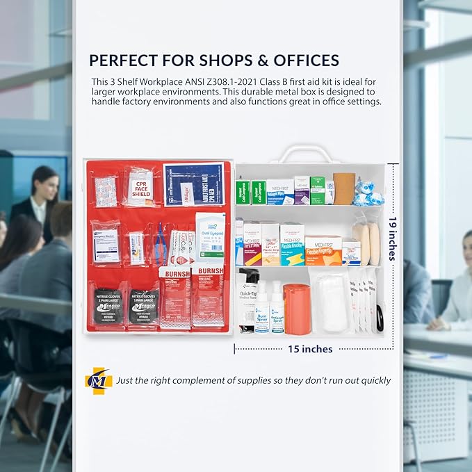 MFASCO OSHA/ANSI 2021 Class B Compliant First Aid Cabinet - Large 3-Shelf Wall Mount Kit for Office, Commercial Businesses - Complete Metal First Aid Box with Supplies - No Medications