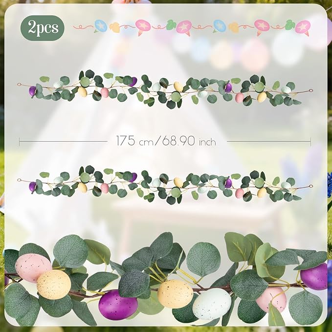 MAKHOT 2PCS 6.6Ft Easter Garland for Mantle Fireplace, Green Vines and Artificial Colored Eggs Garland Easter Decor for Home Indoor