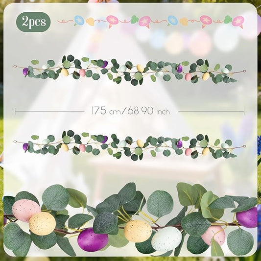 MAKHOT 2PCS 6.6Ft Easter Garland for Mantle Fireplace, Green Vines and Artificial Colored Eggs Garland Easter Decor for Home Indoor