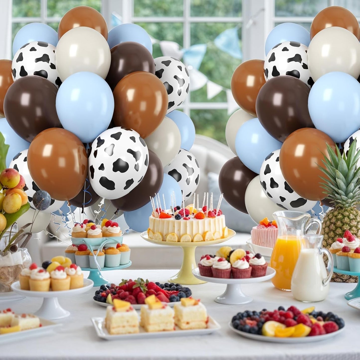 Paready Cow Print Balloons Set, 60Pcs Blue Brown Cow Balloons, 12Inch Light Blue Brown Sand White Latex Balloon for Farm Western Birthday Baby Shower Cowboy Cow Themed Birthday Party Decorations