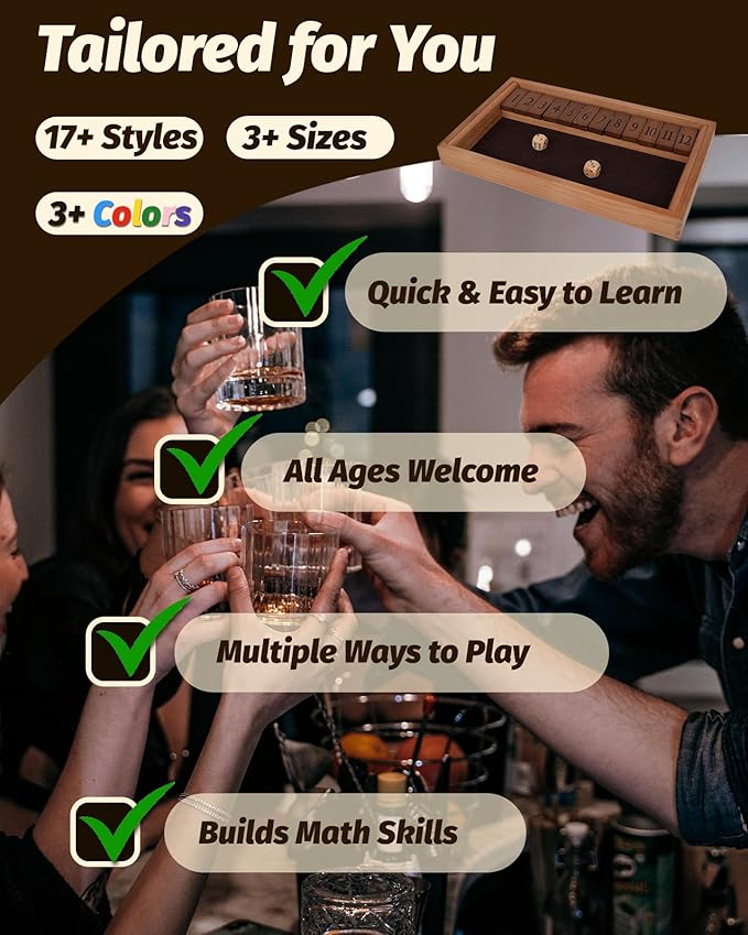 Maiji Planet Deluxe 2-8 Player Original Shut The Box Game, Math Dice Board Game for Family Night Classroom Travel, Wooden Classic Table for Group Kid Adult Senior Travel Party Bar Easy Quick and Fun