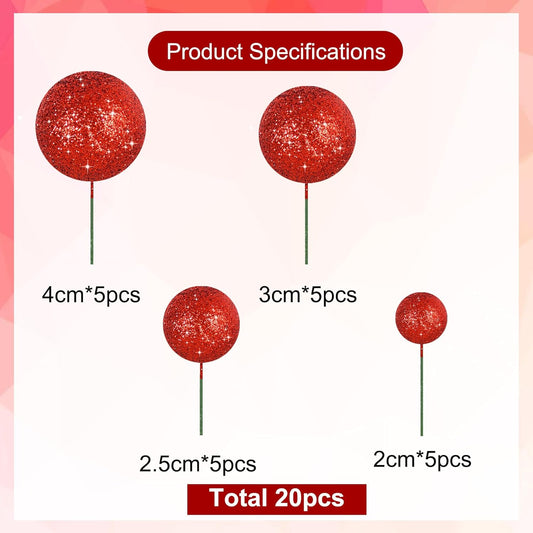 BEISHIDA 20 PCS Red Glitter Bling Mini Ball Cake Toppers Foam Cake Balls Decoration Supplies for Happy Birthday Anniversary Wedding Baby Shower Graduation Christmas Cake Decorations