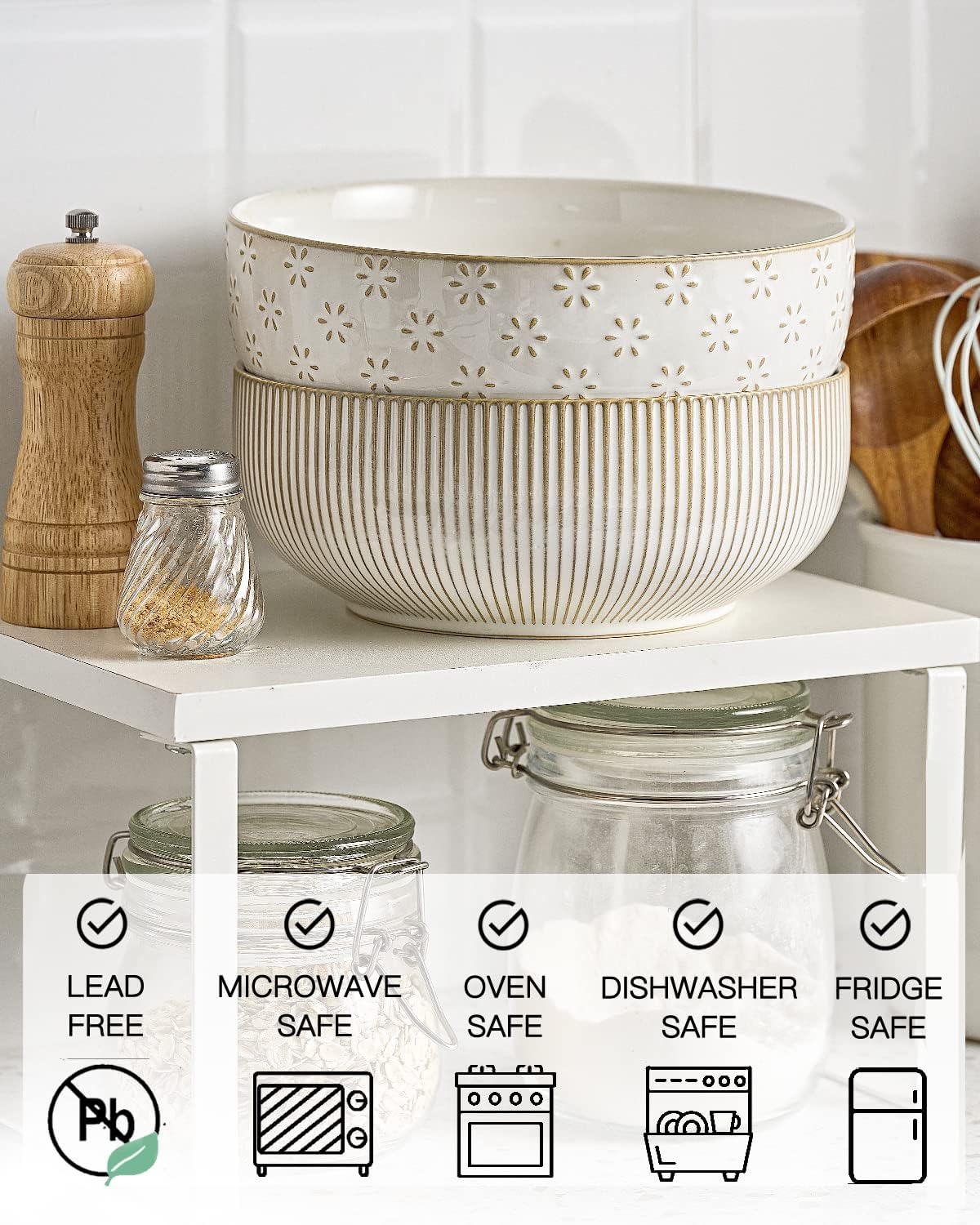 getstar Large Serving Bowls (8 inch & 60 fl oz), Ceramic Salad Bowl Set of 2, Microwave and Dishwasher Safe, Farmhouse Kitchen Decorative Bowls Set (Embossed Stripes & Stars)