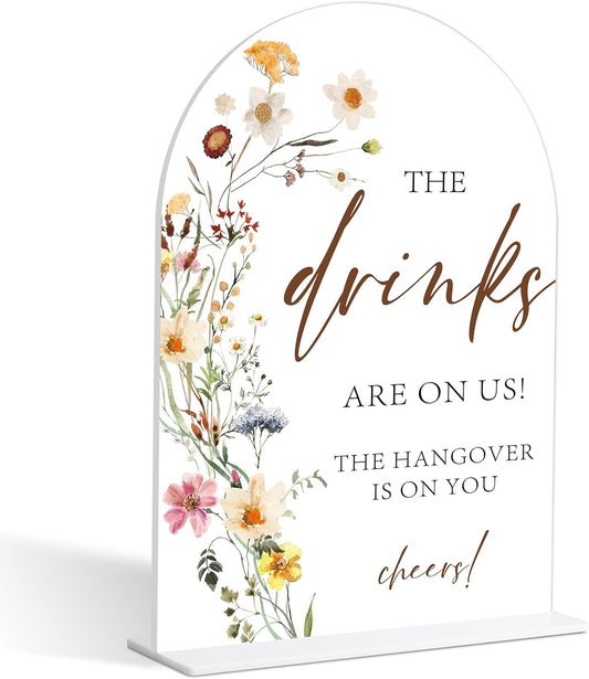 Wedding Bar Sign, Flower Style Wedding Signs for Reception for Bridal Shower and Reception, Engagement, Bridal Shower Decorations, Wedding Shower Favors, 6X8 Inch Acrylic Arch Sign with Stand,18