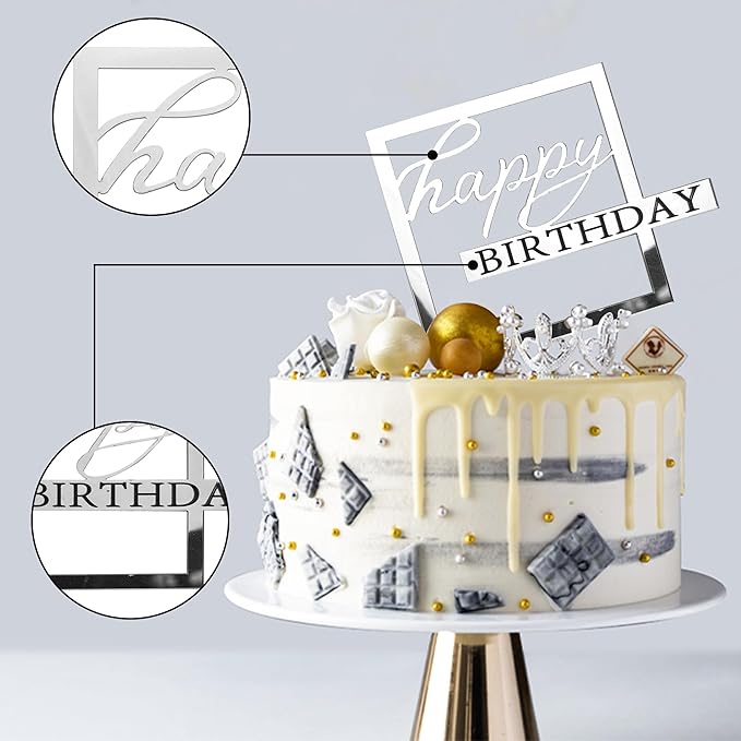 15 PCS Silver Happy Birthday Cake Toppers Mirror Acrylic Cake Topper Side Cake Decorations Silver Cake Inserts Cake Decorating Supplies Cupcake Toppers for Birthday Party Cake Desserts 15 Styles