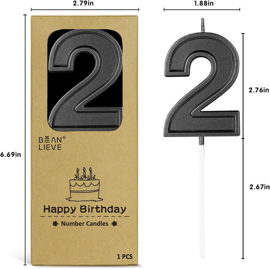 BEAN LIEVE Black Birthday Candles Number 2, Black Number Candles, Cake Number Candles for Birthday Parties and Wedding Anniversary Celebrations