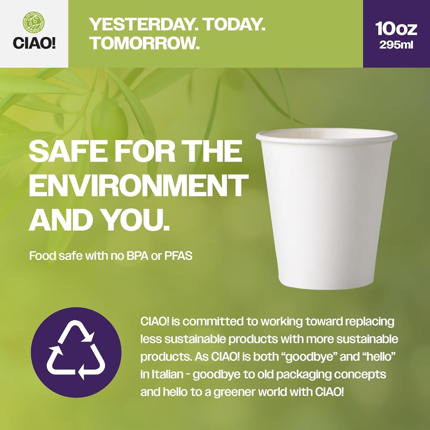 CIAO! 10oz White Paper Hot Cup, Disposable, 90mm Diameter 1,000 Count