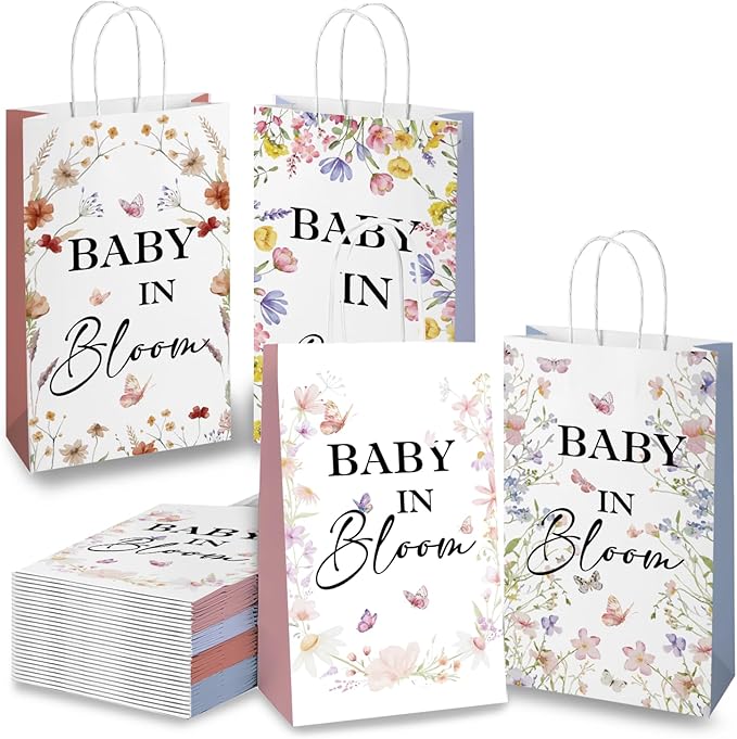 wjrsxilt 16Pcs Bloom Wildflower Gift Bag for Girls,Baby In Bloom Decorations，Gender Reveal Gift Bag，Boho Sweet Baby 1st Birthday Party Supplies, Floral Paper Gifts Bag with Handle 8.6 * 5 * 3.7inch