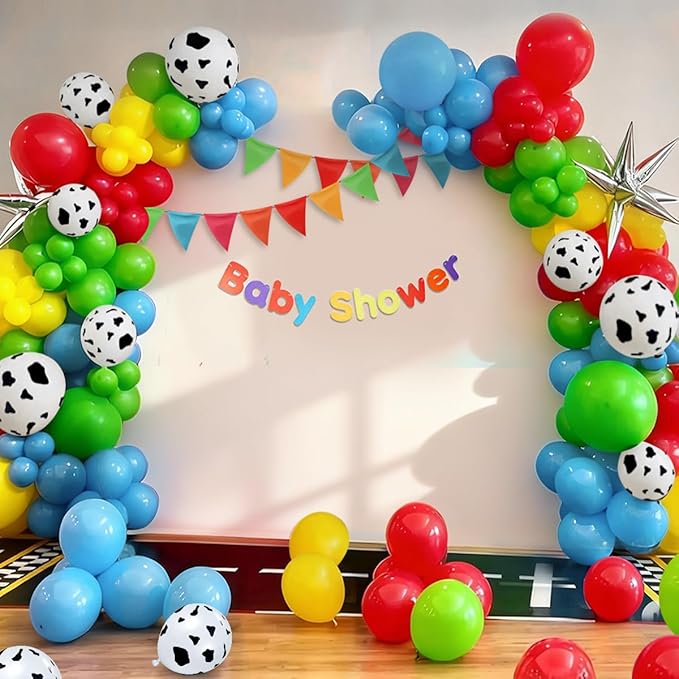 Toy Inspired Story Balloon Arch Kit, 167Pcs Blue Red Yellow Green Cow Print Balloons for Kids Boy Girl Cartoon Theme Birthday Baby Shower Decorations