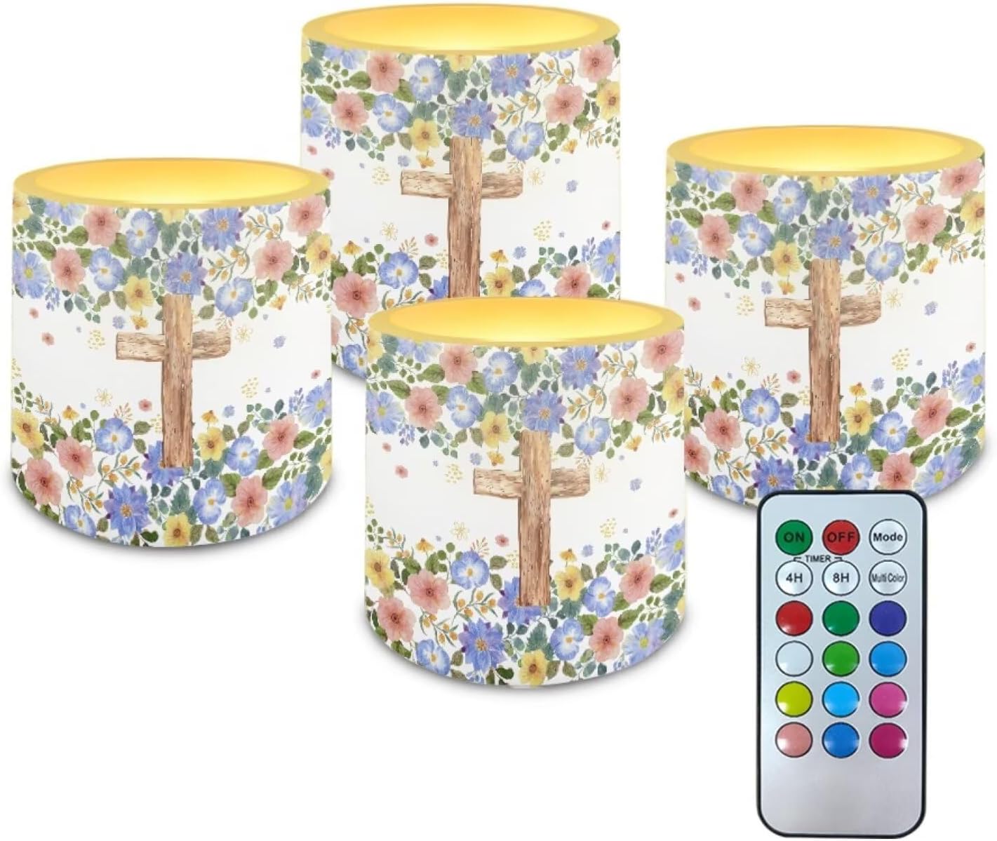 Poceacles Remote Control LED Candles Set of 4 Battery Powered Flameless Candles with Multi-Color Lighting Options, 12 Colors Changing, Timer Function, for Indoor Outdoor Decor, Floral Cross
