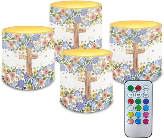 Poceacles Remote Control LED Candles Set of 4 Battery Powered Flameless Candles with Multi-Color Lighting Options, 12 Colors Changing, Timer Function, for Indoor Outdoor Decor, Floral Cross