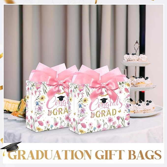 Maitys 12 Pack 13" Large 2026 Graduation Gift Bags Bulk with Handle, Tissue Papers, Cards, Ribbons Pink Class of 2026 Congrats Grad Wildflower Paper Wrapping Bag for College Graduation Party Supplies