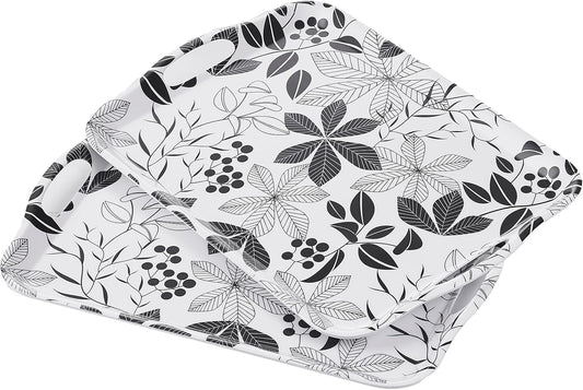 Blue Boat 16.5" x 11.5" Rectangular Melamine Serving Tray Set of 2 Black Leaves, Light Weight Easy to Clean Sturdy Stackable Serving Tray with Handle, Fruit, Snacks, and Desserts Trays, TV Trays