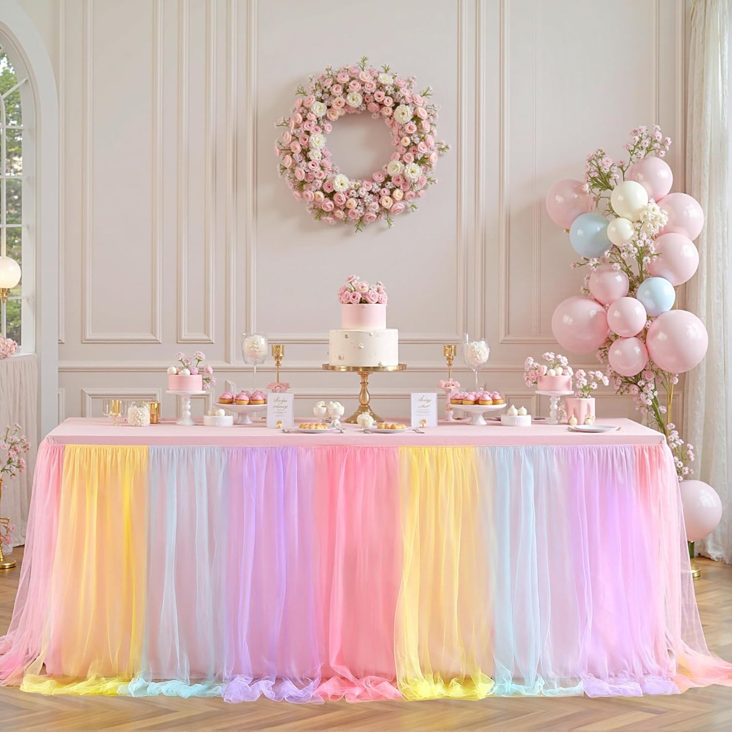4 Pack 6ft Rainbow Tulle Tablecloths for Rectangle Tables, 6 Foot Rainbow Rectangular Table Cloth Wrinkle Free Tablecover with Tutu Skirt for Baby Shower Girls Birthday Party Banquet Buffet Cake