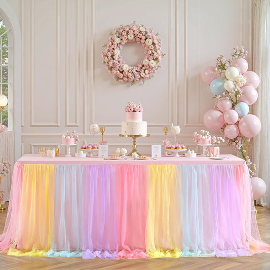 4 Pack 6ft Rainbow Tulle Tablecloths for Rectangle Tables, 6 Foot Rainbow Rectangular Table Cloth Wrinkle Free Tablecover with Tutu Skirt for Baby Shower Girls Birthday Party Banquet Buffet Cake