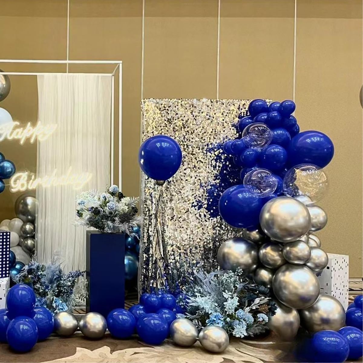 Blue Silver Black Balloons Garland Arch Kit, 146 Pcs Royal Light Blue Metallic Confetti Silver Balloons for Baby Shower Graduation Anniversary Retirement Birthday Party Decoration