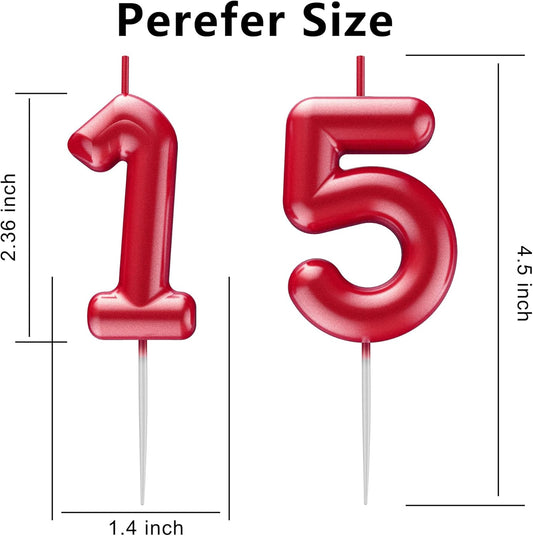 Red Number 15 Candle Happy Birthday 3D Number Candles for Birthday Cake Party Decoration Wedding Anniversary Celebration Supplies