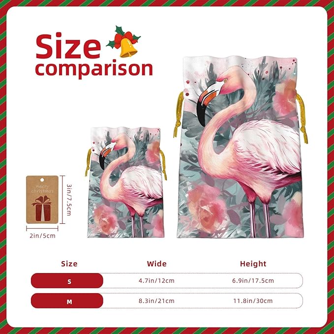 QSMJKLD Drawstring Christmas Gift Bags Vintage Boho Flamingo Florals Gift Bag Burlap Xmas Candy Pouch Reusable Christmas Wrapping Bag Xmas Party Favor Bags for Holiday Wrapping Presents Small