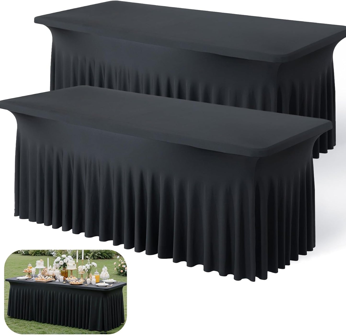2pk Black Spandex Tablecloths for 6ft Rectangle Tables, Wrinkle Free Stretchy Fitted Table Cloths Covers 6 Foot Classy Table Skirt for Weddings Birthday Party Events Banquette Baby Shower