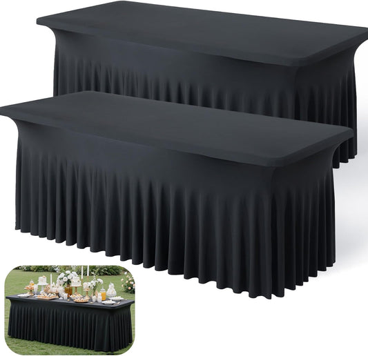 2pk Black Spandex Tablecloths for 6ft Rectangle Tables, Wrinkle Free Stretchy Fitted Table Cloths Covers 6 Foot Classy Table Skirt for Weddings Birthday Party Events Banquette Baby Shower