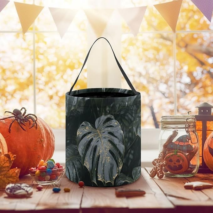 Halloween Candy Bucket - Grey Gold Plant Leaves Trick Or Treat Candy Bag, Gift Bag for Party Favor Supplies