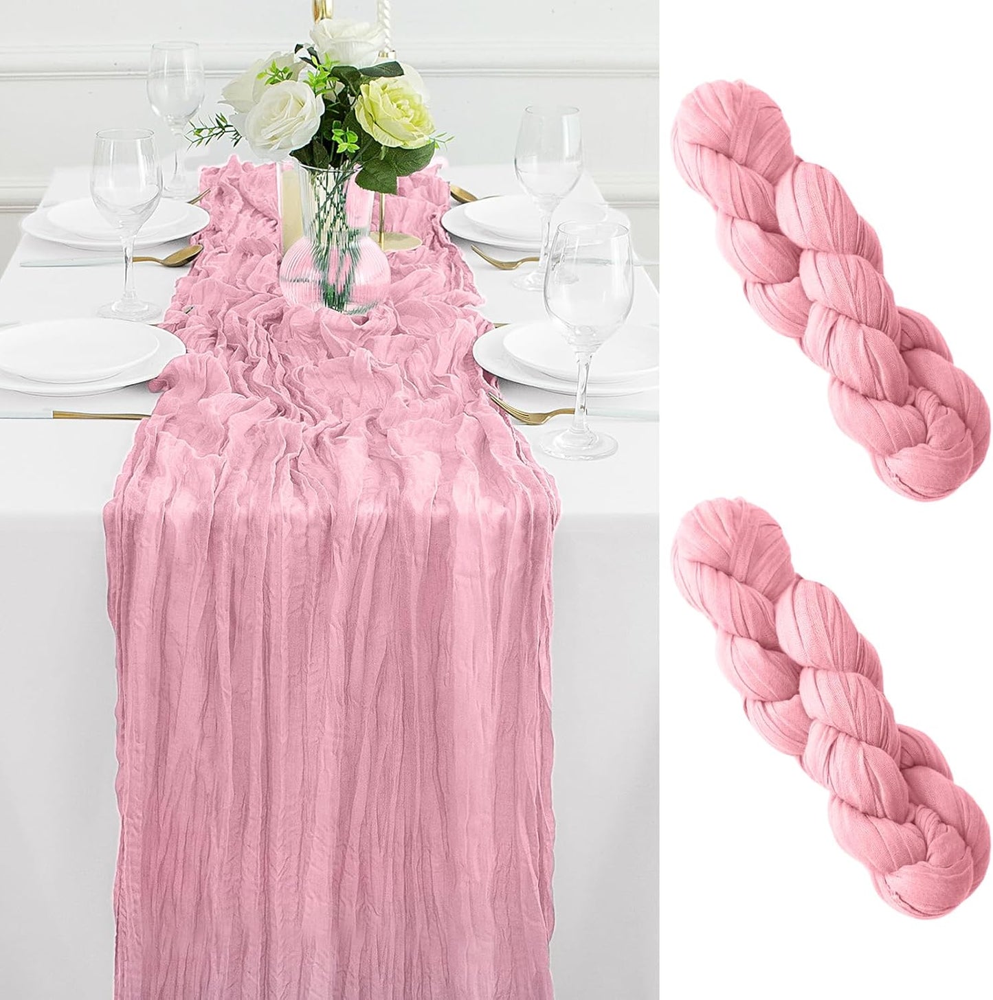 2Pack Pink Table Runner 10FT Cheesecloth Table Runner 35x120Inch Long Boho Cheese Cloth Table Runners Rustic Gauze Table Runners for for Party Wedding Bridal Shower Baby Shower Decorations