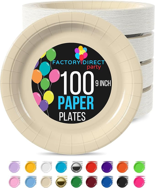 Exquisite Party Solids Ivory Paper Plates Disposable Heavy Duty 9 Inch Ivory Disposable Plates For Party 100 Pcs Heavy Duty 350 GSM, Birthday Supplies